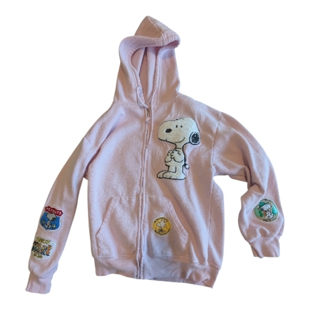 Peanuts Ladies Light Pink Snoopy Woodstock Hoodie XS Oversized Graphic Patches - Picture 1 of 8